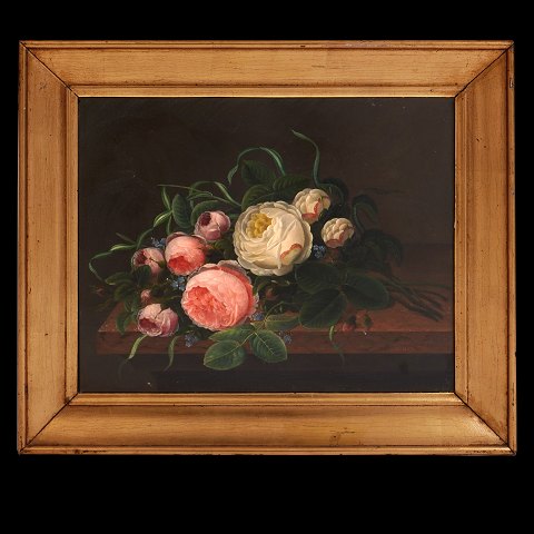 Hellrote und weisse Rosen von der Schule I. L. 
Jensens. Dänemark um 1830-40. Öl auf Holz. 
Signiert "T. Sandholt". Lichtmasse: 32x40cm. Mit 
Rahmen: 44x52cm