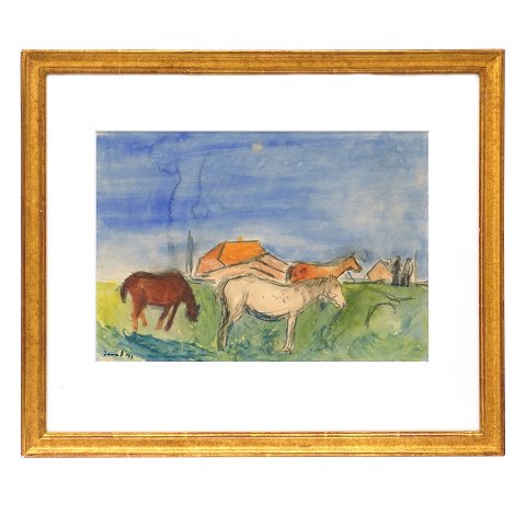 Jens Søndergaard akvarel. Jens Søndergaard, 
1895-1957, akvarel med motiv i form af heste på 
mark med huse og personer i baggrunden. Signeret 
og dateret 1941. Lysmål: 25,5x36,5cm. Med ramme: 
45x53cm