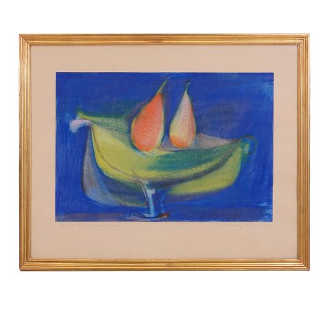 Carl-Henning Pedersen tegning. Carl-Henning 
Pedersen, 1913-2007, tegning. "Grøn skål med røde 
pærer". Signeret og dateret 1955. Lysmål: 35x52cm. 
Med ramme: 55x69cm