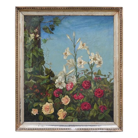 Large stillife with flowers, oil on canvas. Signed "Alma Even(?) 1881". Visible size: 82x69cm. With frame: 96x83cm