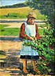 Jacobsen, Rud 
(1894 - 1955) 
Dänemark: Ein 
Mädchen pflückt 
Beeren im 
Garten. 
Unterzeichnet. 
Öl ...