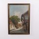 Ölgemälde auf Leinwand mit dem Motiv einer Straßenszene mit Fachwerkhaus und Kirchturm. Das ...