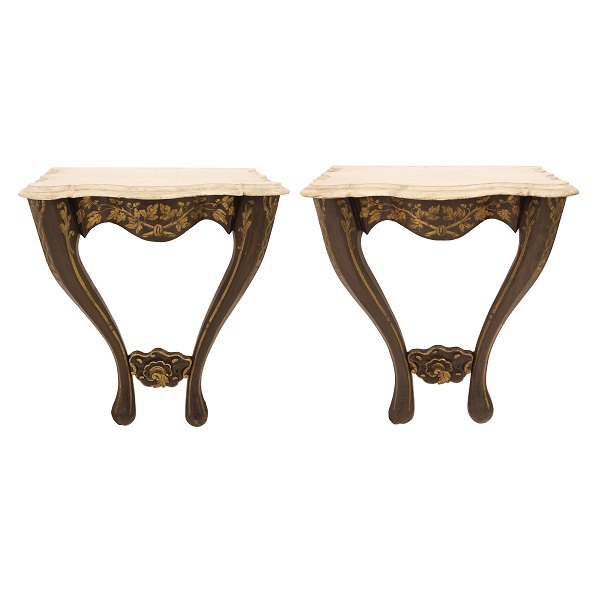 Pair of partly gilt Rococostyle console table with imitated marble wooden tops. 
Denmark circa 1850. H: 77cm. Top: 70x48cm