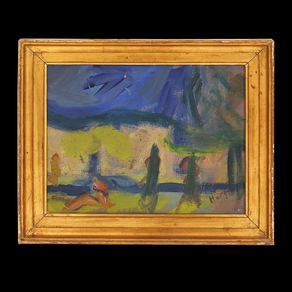 Erik Hoppe, 1896-1968, Öl auf Leinen. Partie aus einem Park, Kopenhagen. 
Signiert. Lichtmasse: 26x33cm. Mit Rahmen: 35x42cm