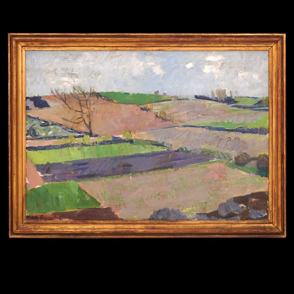 Olaf Rude, 1886-1957, Öl auf Leinen. Landschaft mit Feldern signiert und datiert 
1931. Lichtmasse: 80x115cm. Mit Rahmen: 96x131cm