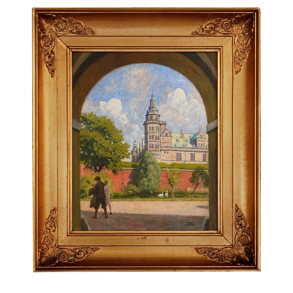 Paul Fischer, 1860-1934, Öl auf Platte. Partie vom Schloss Kronborg, Kopenhagen. 
Signiert Paul Fischer. Lichtmasse: 38x31cm. Mit Rahmen: 55x48cm