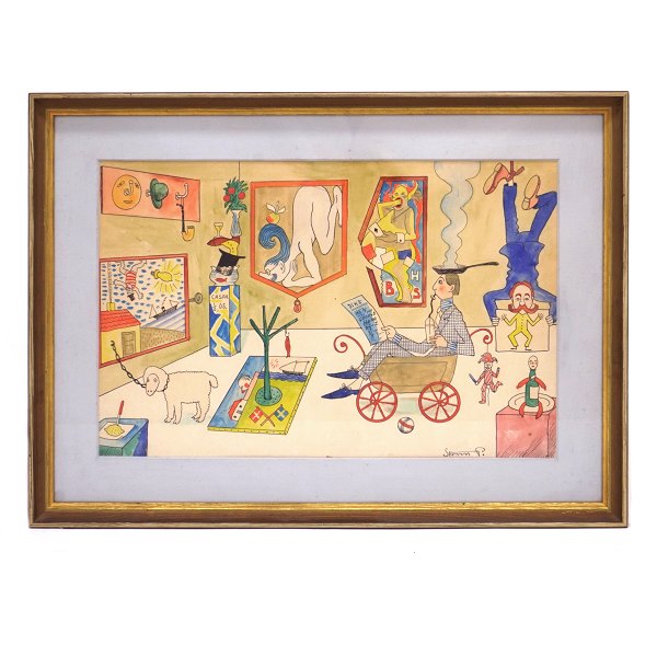 Robert Storm Petersen, 1882-1949, dänischer Humorist. Aquarell mit dem Thema Kunstausstellung. Signiert "Storm P.". Lichtmasse: 30x47cm. Mit Rahmen: 44x59cm