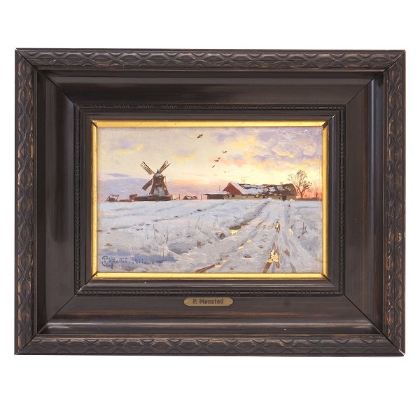 Peder Mønsted, 1859-1941, Öl auf Leinen. Winterlandschaft. Signiert und datiert 1911. Lichtmasse: 15x22cm. Mit Rahmen: 31x38cm