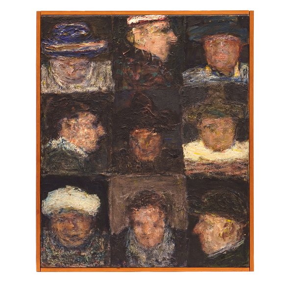 Peter Martensen, g. 1953, Öl auf Leinen. "9 Clowns" signiert und datiert 1978. Lichtmasse: 55x45cm. Mit Rahmen: 57x47cm