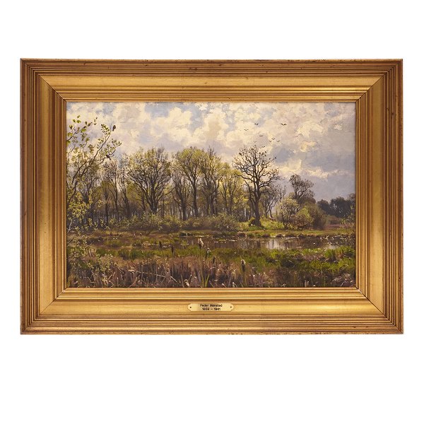 Peder Mønsted, 1859-1941, Öl auf Leinen. "Frühling am Moor". Signiert und datiert 1882. Lichtmasse: 31x48cm. Mit Rahmen: 45x62cm