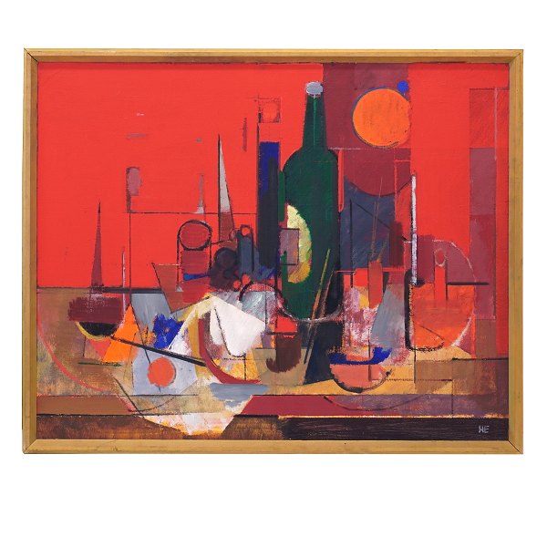 Helge Ernst, 1916-91, Öl auf Leinen. "Die Grüne Flasche". Signiert und datiert 1975. Lichtmasse: 59x73cm. Mit Rahmen: 64x78cm