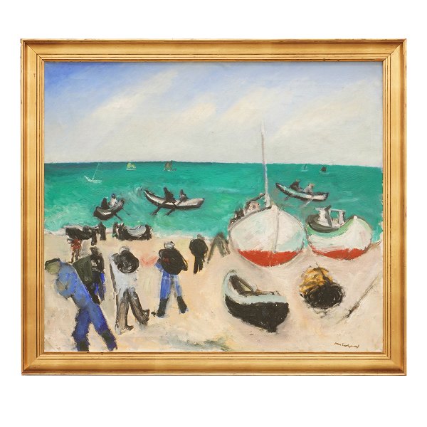 Jens Søndergaard, 1895-1957, Öl auf  Leinen, Motiv mit Fischern und Fischerboote am Strand. Signiert. Lichtmasse: 86x99cm. Mit Rahmen: 98x111cm