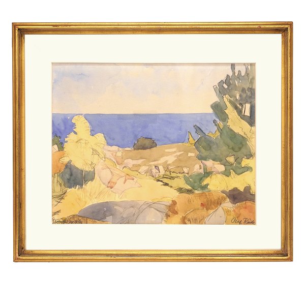 Olaf Rude, 1886-1957, Wasserfarbe. Landschaft von der Insel bornholm. Signiert und datiert "15-7 44". Lichtmasse: 38x48cm. Mit Rahmen: 57x67cm