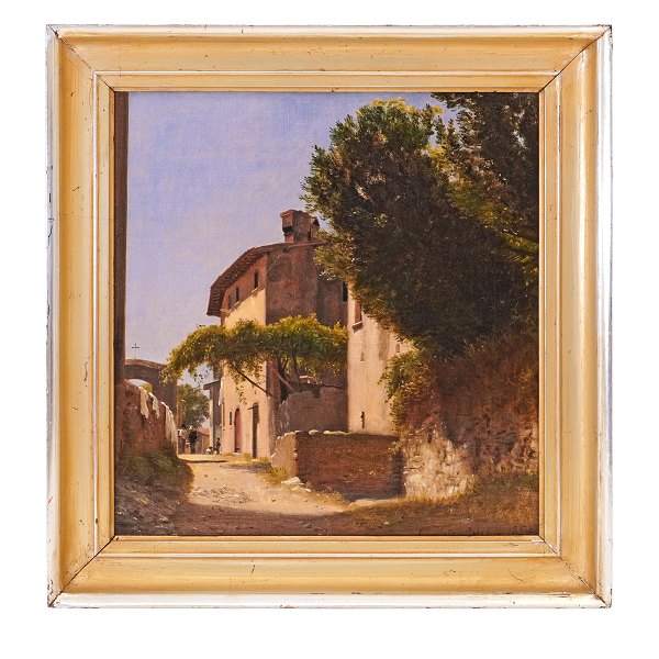 Peter Christian Thamsen Skovgaard, 1817-75. Öl auf Leinen.Partie aus einer italiensischen Strasse. Signiert ”Corvara 29 aug. 1854”. Lichtmasse: 30x29cm. Mit Rahmen: 39x38cm